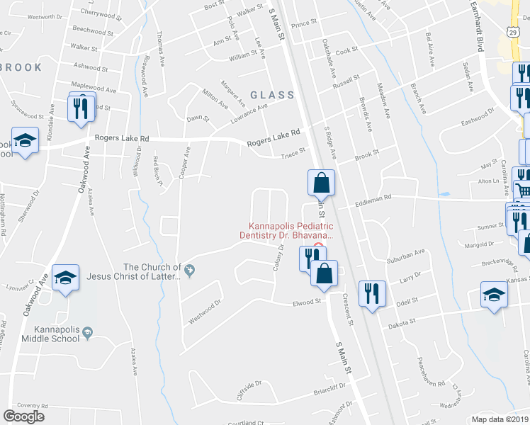 map of restaurants, bars, coffee shops, grocery stores, and more near 1436 Tygress Drive in Kannapolis