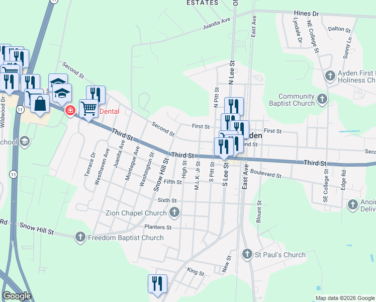 map of restaurants, bars, coffee shops, grocery stores, and more near 404 SR Second Street in Ayden