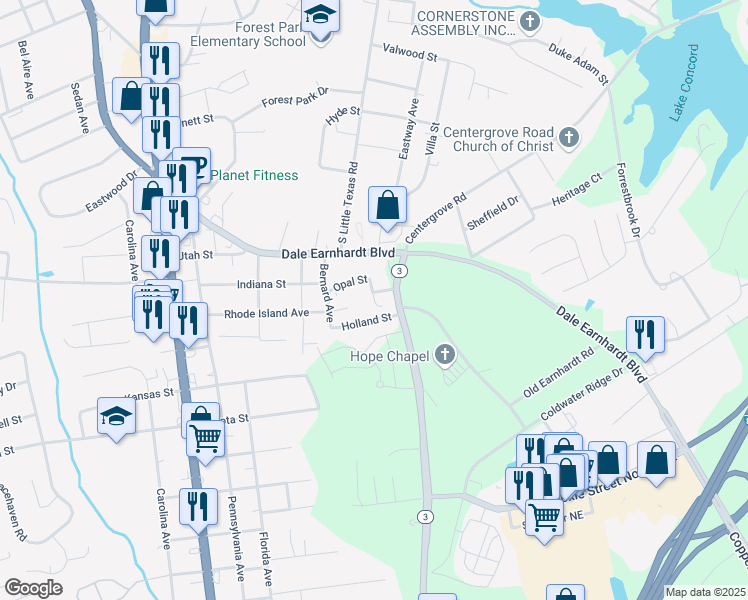 map of restaurants, bars, coffee shops, grocery stores, and more near 1601 Garnett Street in Kannapolis