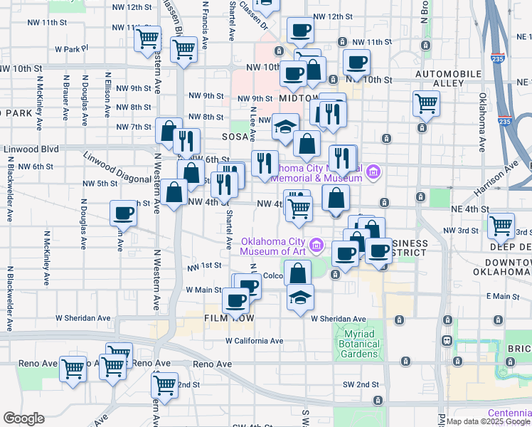 map of restaurants, bars, coffee shops, grocery stores, and more near 600 Northwest 4th Street in Oklahoma City