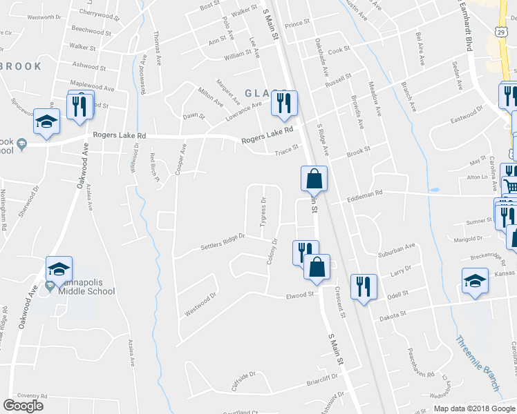 map of restaurants, bars, coffee shops, grocery stores, and more near 1447 Tygress Street in Kannapolis