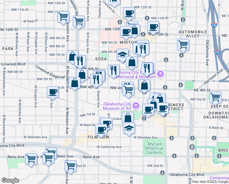 map of restaurants, bars, coffee shops, grocery stores, and more near 641 Northwest 4th Street in Oklahoma City