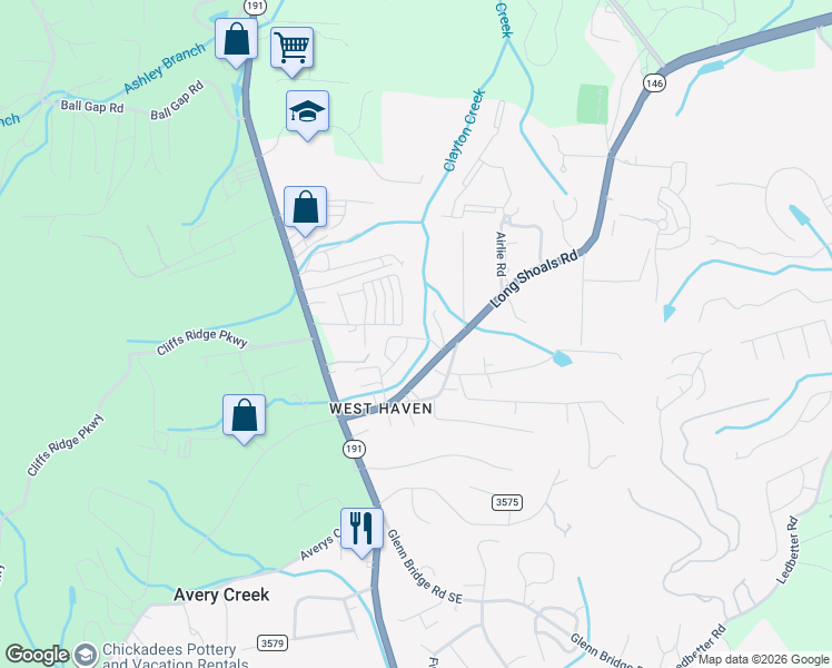 map of restaurants, bars, coffee shops, grocery stores, and more near 620 Long Shoals Road in Arden