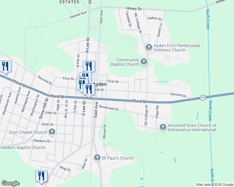 map of restaurants, bars, coffee shops, grocery stores, and more near 300-498 E 2nd St in Ayden