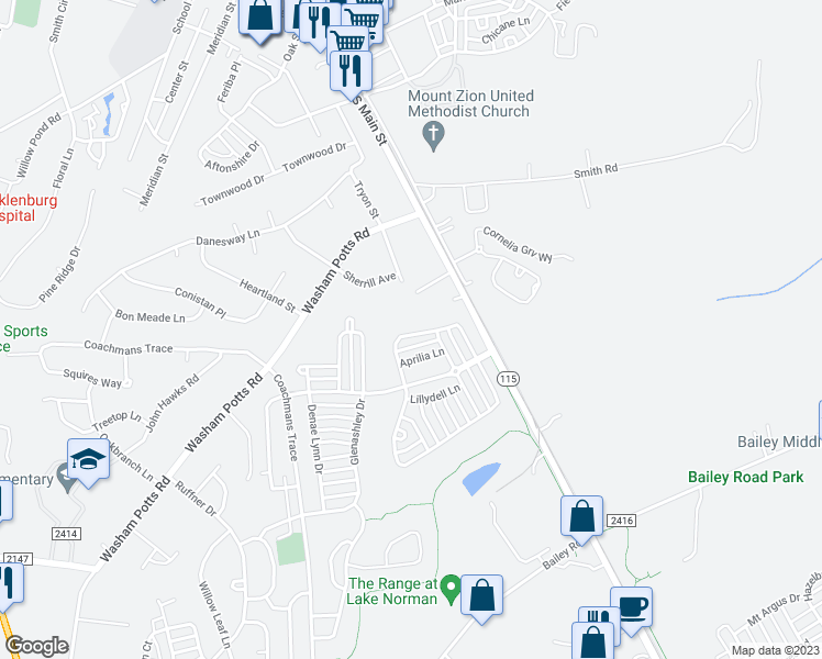 map of restaurants, bars, coffee shops, grocery stores, and more near 11428 Heritage Green Drive in Cornelius