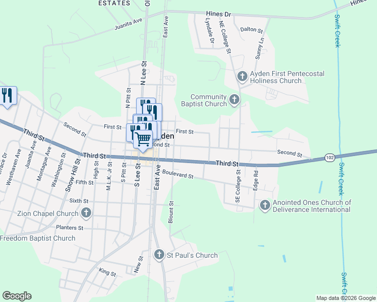 map of restaurants, bars, coffee shops, grocery stores, and more near 300-498 E 2nd St in Ayden