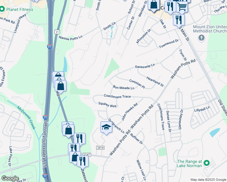 map of restaurants, bars, coffee shops, grocery stores, and more near 10220 Footsman Place in Cornelius