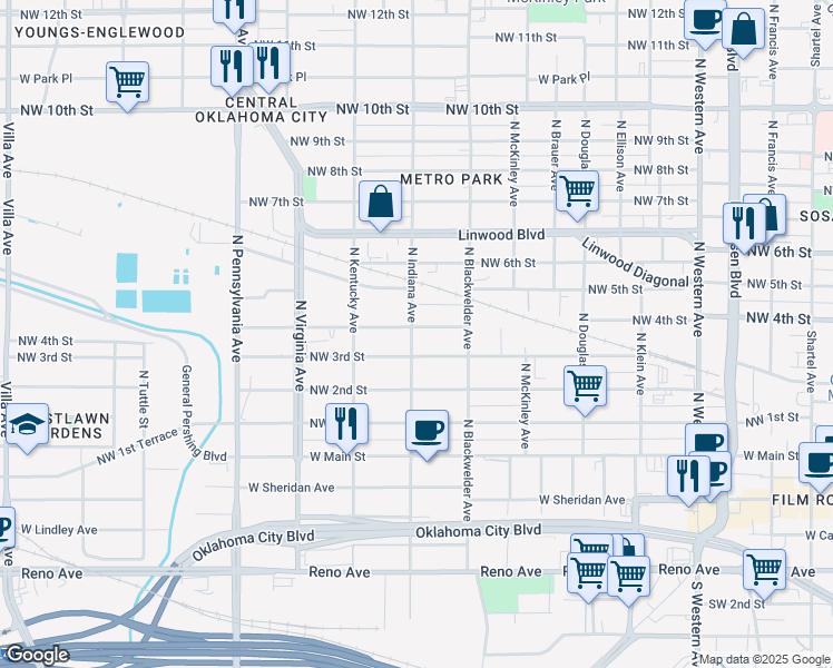 map of restaurants, bars, coffee shops, grocery stores, and more near 1533 Northwest 4th Street in Oklahoma City
