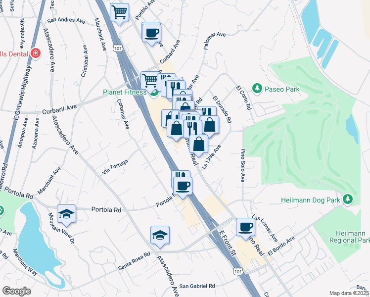 map of restaurants, bars, coffee shops, grocery stores, and more near 8740 El Camino Real in Atascadero