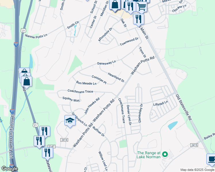 map of restaurants, bars, coffee shops, grocery stores, and more near 10504 Conistan Place in Cornelius