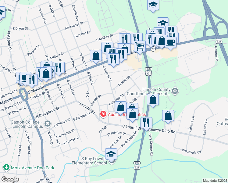 map of restaurants, bars, coffee shops, grocery stores, and more near 413 Edwards Street in Lincolnton