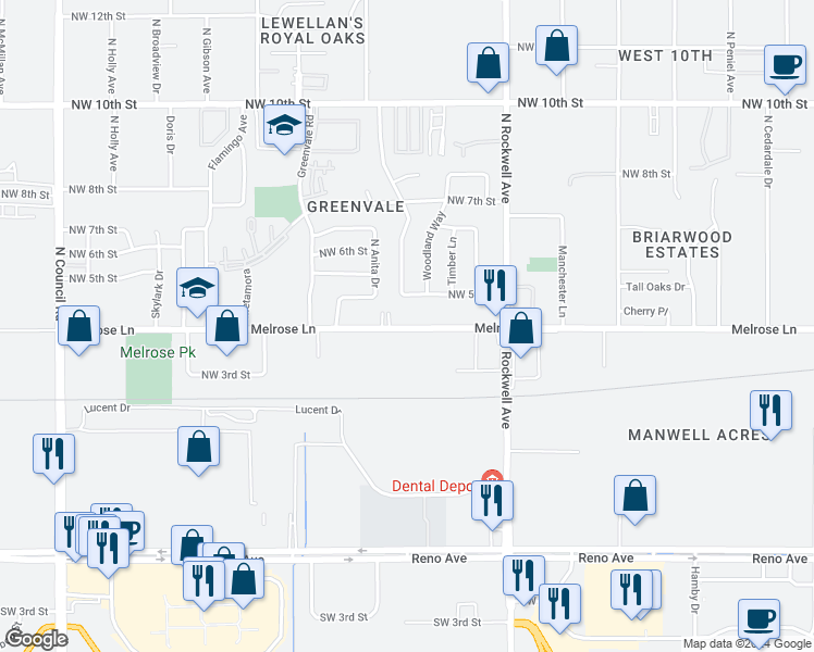 map of restaurants, bars, coffee shops, grocery stores, and more near 7305 Melrose Lane in Oklahoma City