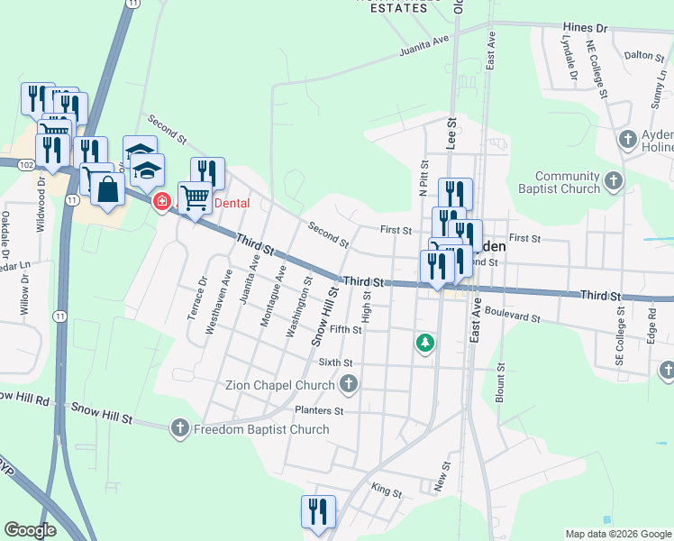 map of restaurants, bars, coffee shops, grocery stores, and more near 536 Snow Hill Street in Ayden