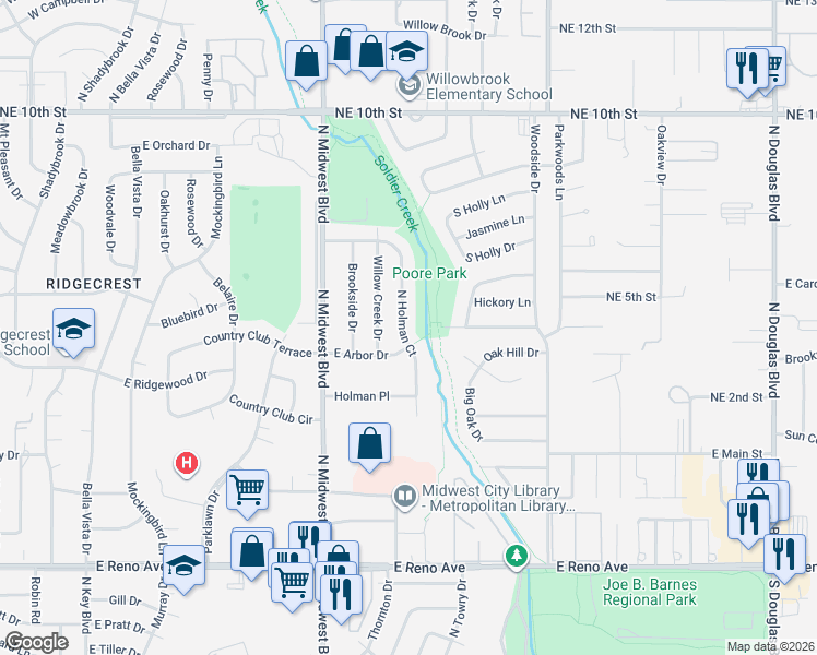map of restaurants, bars, coffee shops, grocery stores, and more near 3316 North Holman Court in Midwest City