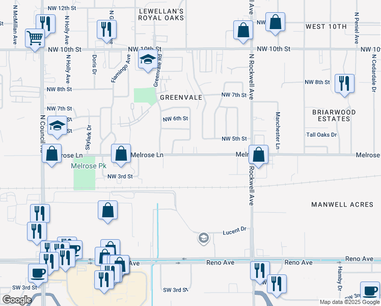 map of restaurants, bars, coffee shops, grocery stores, and more near 7413 Melrose Lane in Oklahoma City