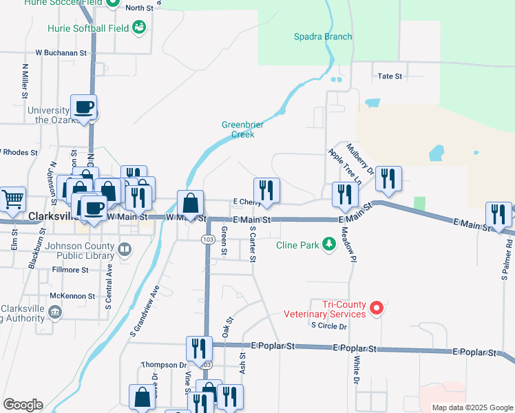 map of restaurants, bars, coffee shops, grocery stores, and more near 306 East Cherry Street in Clarksville