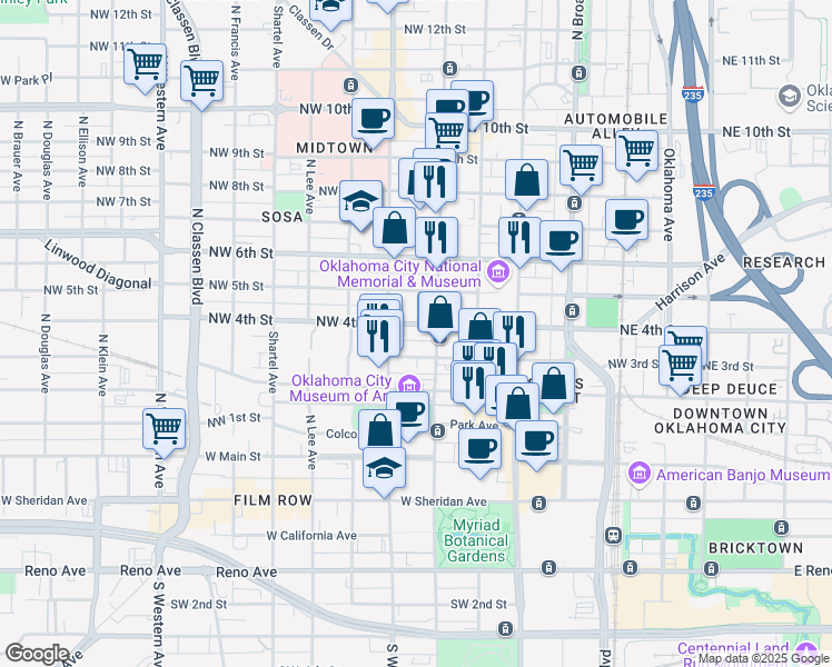 map of restaurants, bars, coffee shops, grocery stores, and more near 412n North Hudson Avenue in Oklahoma City