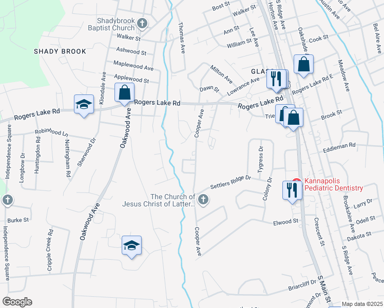 map of restaurants, bars, coffee shops, grocery stores, and more near 1410 Cooper Avenue in Kannapolis