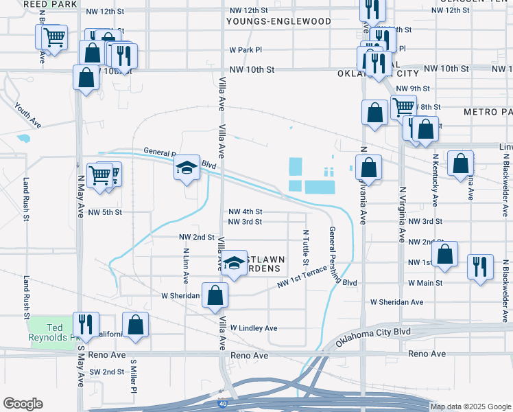 map of restaurants, bars, coffee shops, grocery stores, and more near 2421 Northwest 4th Street in Oklahoma City