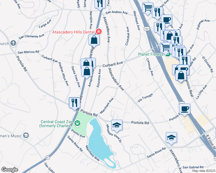 map of restaurants, bars, coffee shops, grocery stores, and more near 8320 San Francisco Avenue in Atascadero