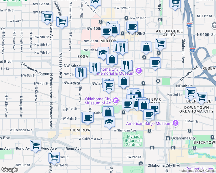 map of restaurants, bars, coffee shops, grocery stores, and more near in Oklahoma City