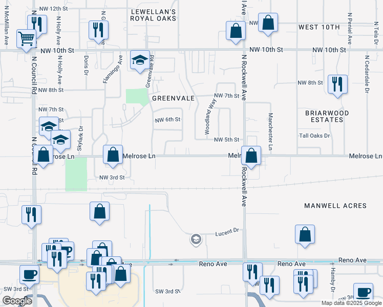 map of restaurants, bars, coffee shops, grocery stores, and more near 7317 Melrose Lane in Oklahoma City