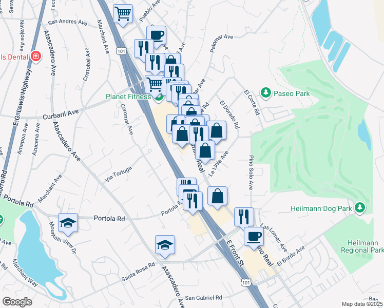 map of restaurants, bars, coffee shops, grocery stores, and more near 8740 El Camino Real in Atascadero