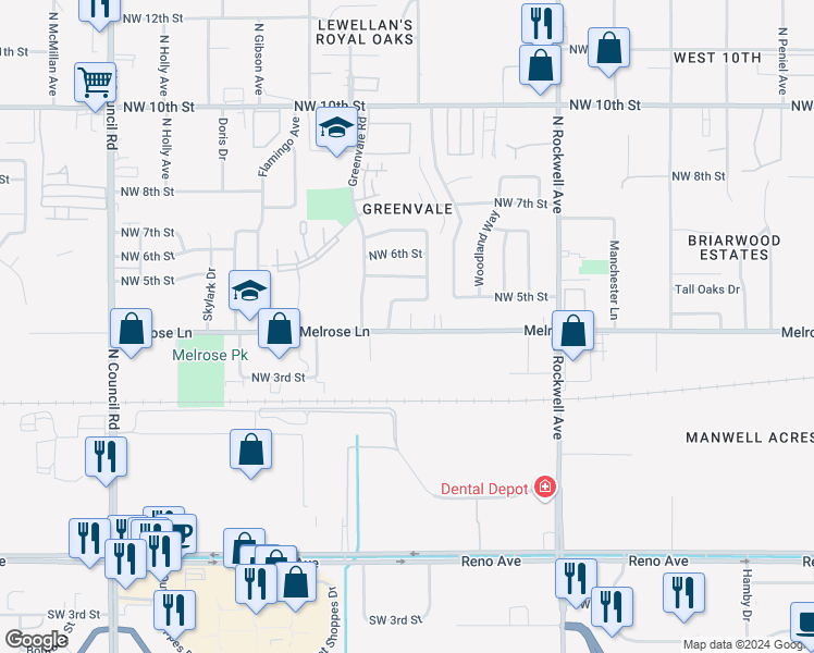 map of restaurants, bars, coffee shops, grocery stores, and more near 7413 Melrose Lane in Oklahoma City