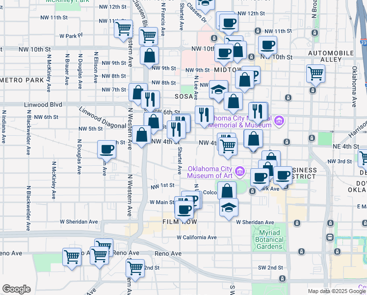 map of restaurants, bars, coffee shops, grocery stores, and more near 700 Northwest 4th Street in Oklahoma City