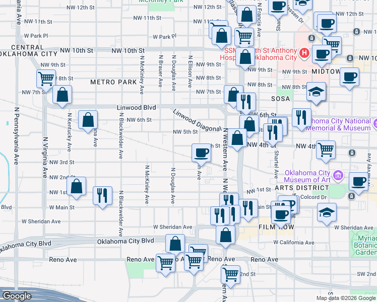 map of restaurants, bars, coffee shops, grocery stores, and more near 1210 Northwest 4th Street in Oklahoma City