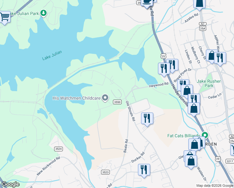 map of restaurants, bars, coffee shops, grocery stores, and more near 110 Heywood Road in Arden