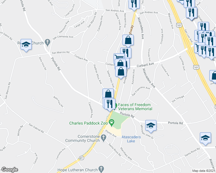 map of restaurants, bars, coffee shops, grocery stores, and more near 8350 Santa Ynez Avenue in Atascadero