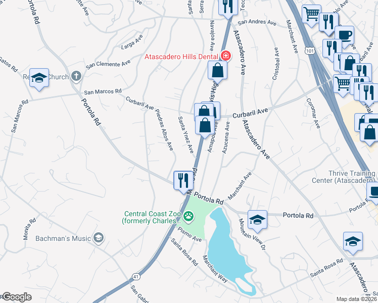 map of restaurants, bars, coffee shops, grocery stores, and more near 8364 Santa Ynez Avenue in Atascadero