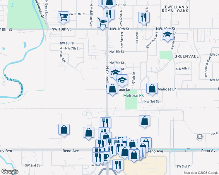 map of restaurants, bars, coffee shops, grocery stores, and more near 500 North Council Road in Oklahoma City