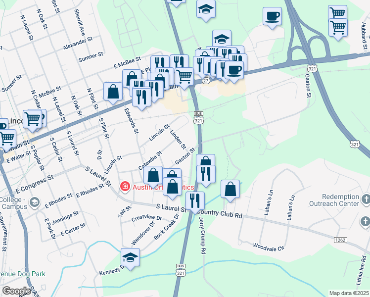 map of restaurants, bars, coffee shops, grocery stores, and more near 1117 Gaston Street in Lincolnton