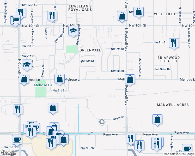 map of restaurants, bars, coffee shops, grocery stores, and more near 7305 Melrose Lane in Oklahoma City