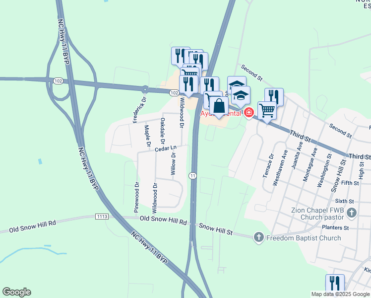 map of restaurants, bars, coffee shops, grocery stores, and more near 610-706 Pine Forest Road in Ayden