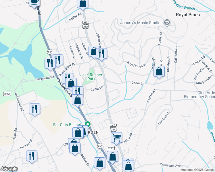 map of restaurants, bars, coffee shops, grocery stores, and more near 157 Cedar Lane in Arden