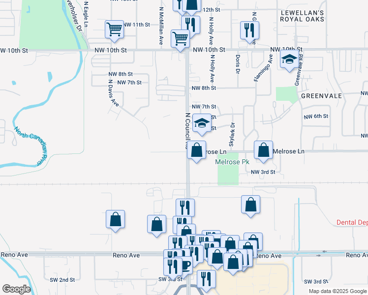 map of restaurants, bars, coffee shops, grocery stores, and more near 8009 Melrose Lane in Oklahoma City