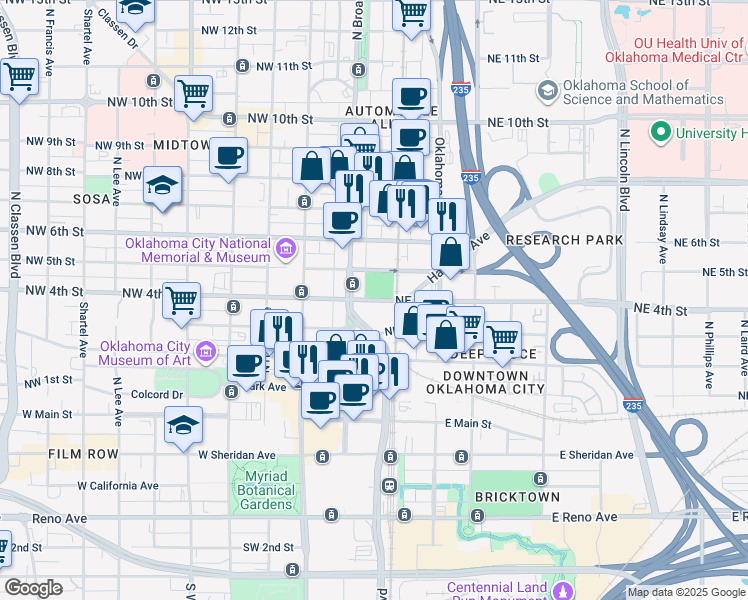 map of restaurants, bars, coffee shops, grocery stores, and more near 61 Northwest 4th Street in Oklahoma City
