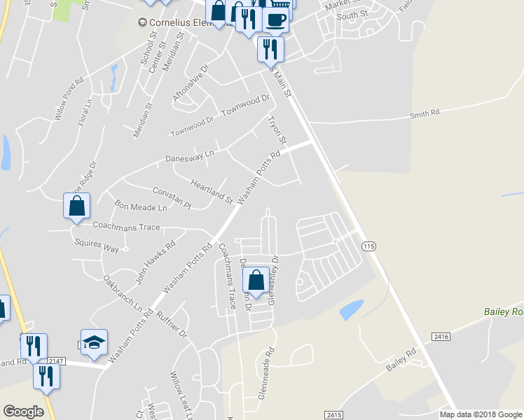 map of restaurants, bars, coffee shops, grocery stores, and more near 9107 Glenashley Drive in Cornelius