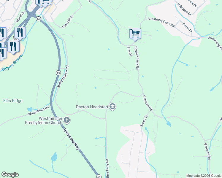 map of restaurants, bars, coffee shops, grocery stores, and more near 1486 Blythes Ferry Road in Dayton