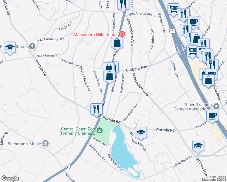 map of restaurants, bars, coffee shops, grocery stores, and more near 8375 Amapoa Avenue in Atascadero