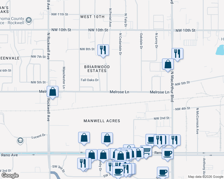 map of restaurants, bars, coffee shops, grocery stores, and more near 6525 Melrose Lane in Oklahoma City