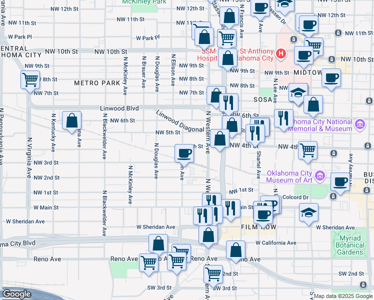 map of restaurants, bars, coffee shops, grocery stores, and more near 1123 Northwest 4th Street in Oklahoma City
