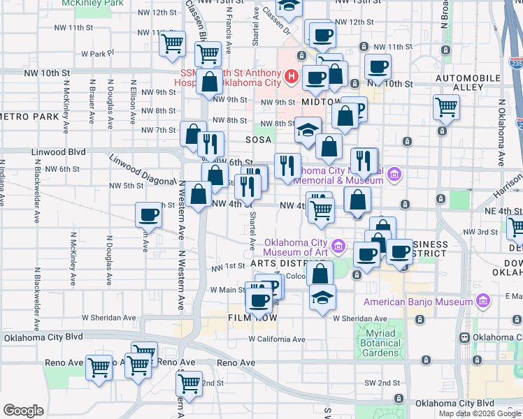 map of restaurants, bars, coffee shops, grocery stores, and more near 700 Northwest 4th Street in Oklahoma City