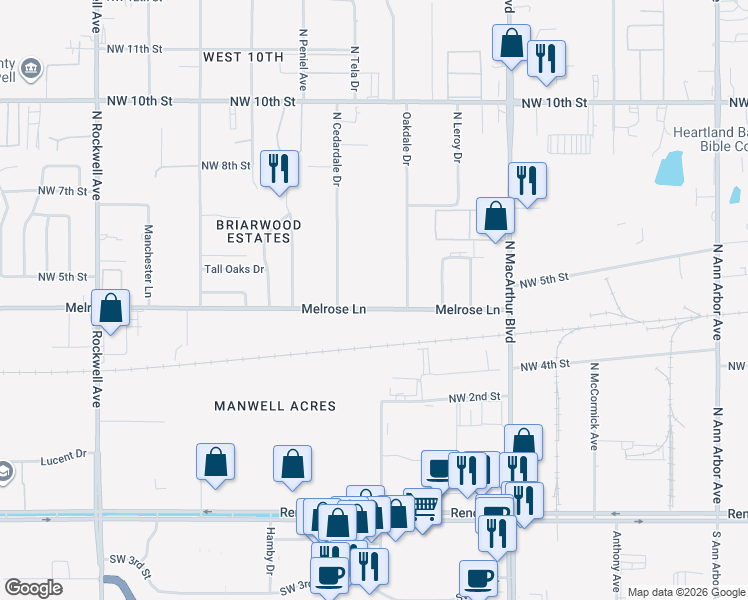 map of restaurants, bars, coffee shops, grocery stores, and more near 6345 1/2 Melrose Lane in Oklahoma City