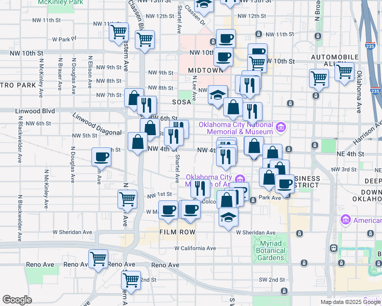 map of restaurants, bars, coffee shops, grocery stores, and more near 641 Northwest 4th Street in Oklahoma City