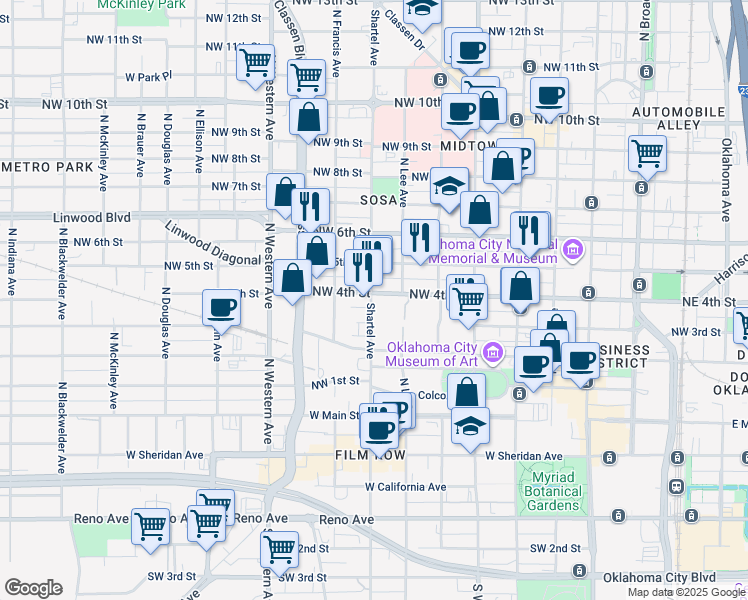 map of restaurants, bars, coffee shops, grocery stores, and more near in Oklahoma City