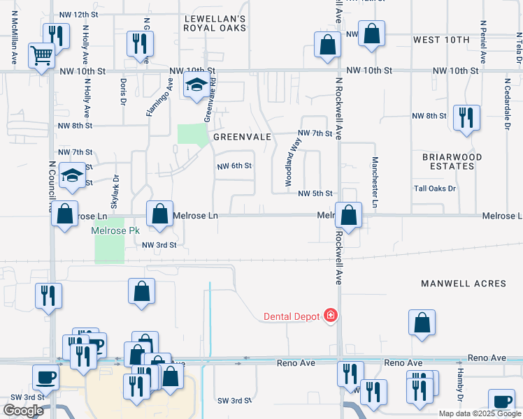 map of restaurants, bars, coffee shops, grocery stores, and more near 7305 Melrose Lane in Oklahoma City